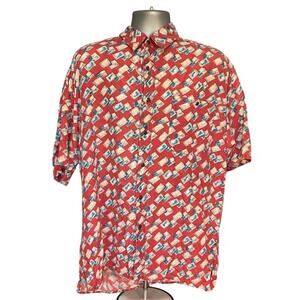 Vintage Volare Red Novelty Postcard Print Short Sleeve Silk Button Down Size L